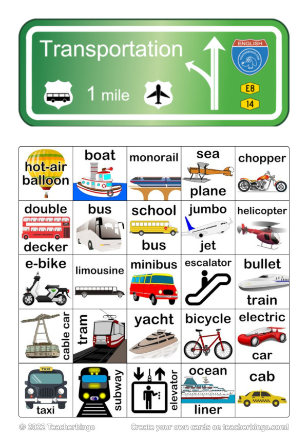 Bingo card with vehicles